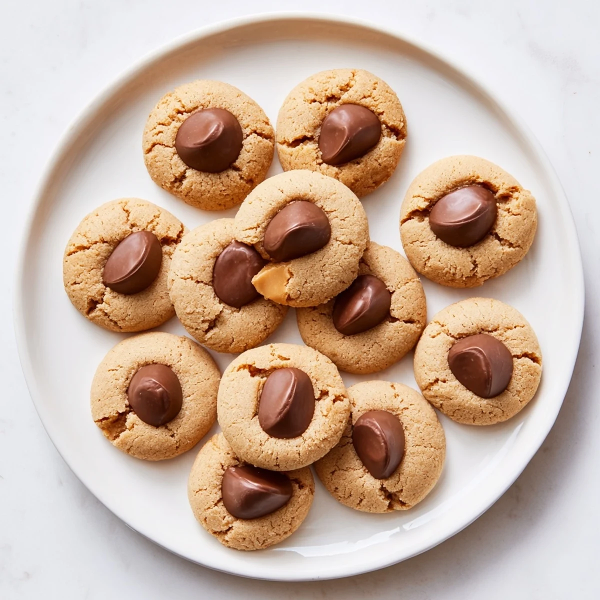 Warm, golden 3-Ingredient Peanut Butter Blossoms, with melted chocolate kiss centers, ready to enjoy.