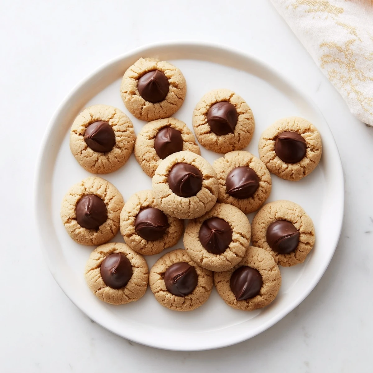 Freshly baked 3-Ingredient Peanut Butter Blossoms, slightly cracked around the chocolate, a perfect holiday treat.