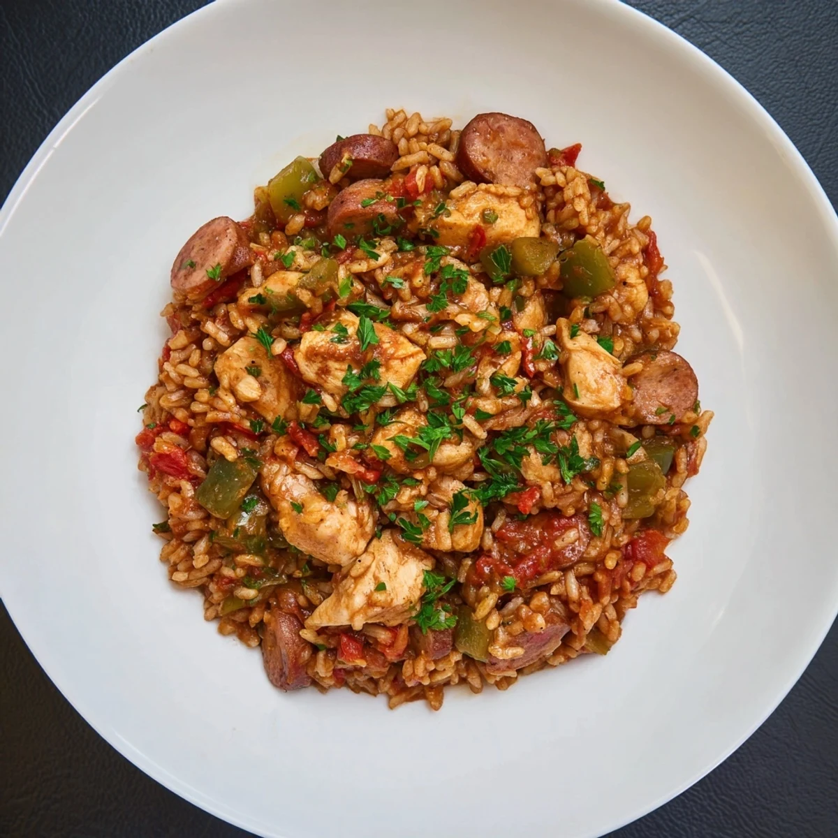Steaming Simple Chicken and Sausage Jambalaya Bake: flavorful rice, tender chicken, and savory sausage.
