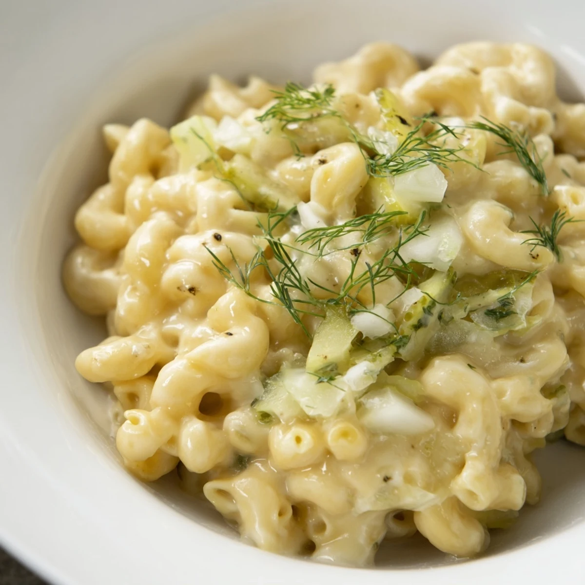 A close-up of creamy, flavorful Pickle Mac and Cheese garnished with fresh dill, ready to eat.