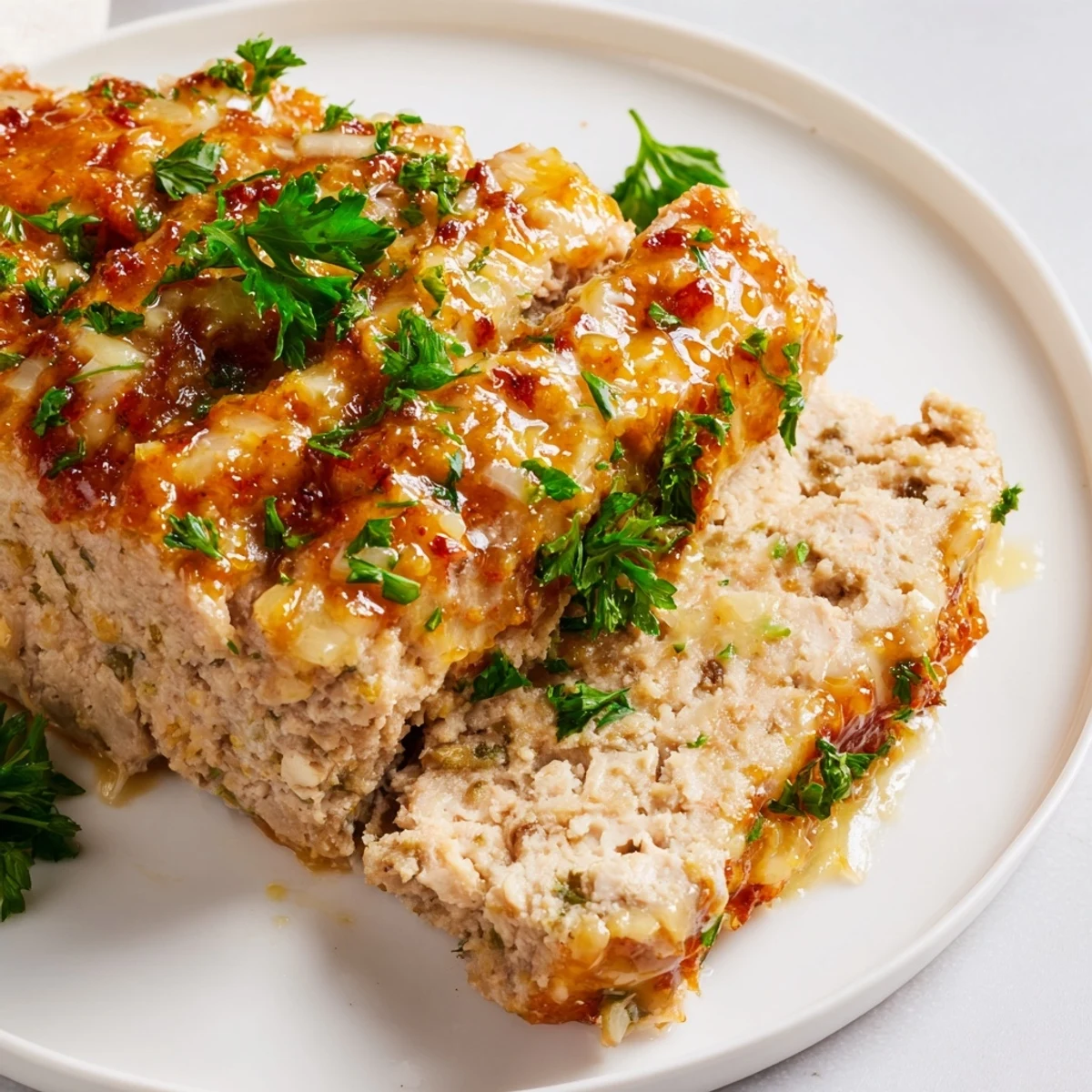Juicy Garlic Parmesan Chicken Meatloaf, glazed and glistening, ready to slice for dinner.