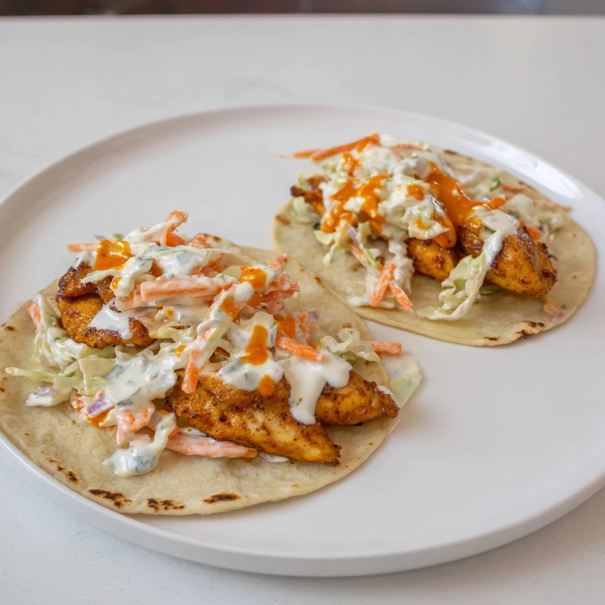 Crispy, savory Buffalo Chicken Smash Burger Tacos are served warm, topped with creamy, cool ranch slaw.