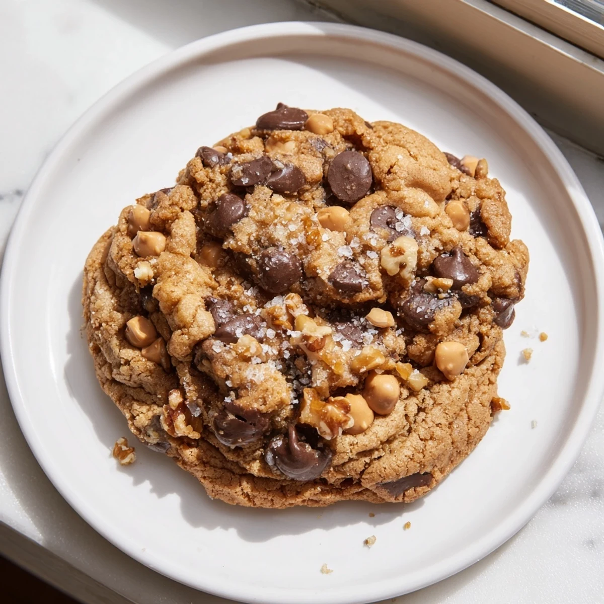 Close-up of Best Ever Butterscotch Chocolate Chip Cookie, showing gooey chocolate and butterscotch chips.