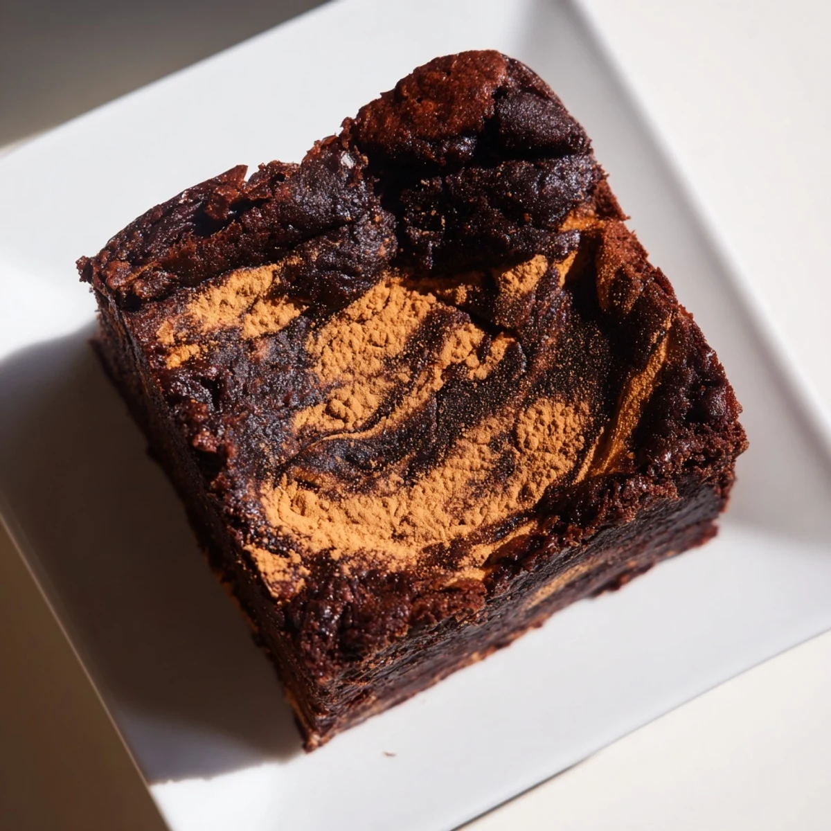 Warm, dark Pumpkin Workout Brownies, fudgy and perfect for a post-gym treat with a sprinkle of cocoa.