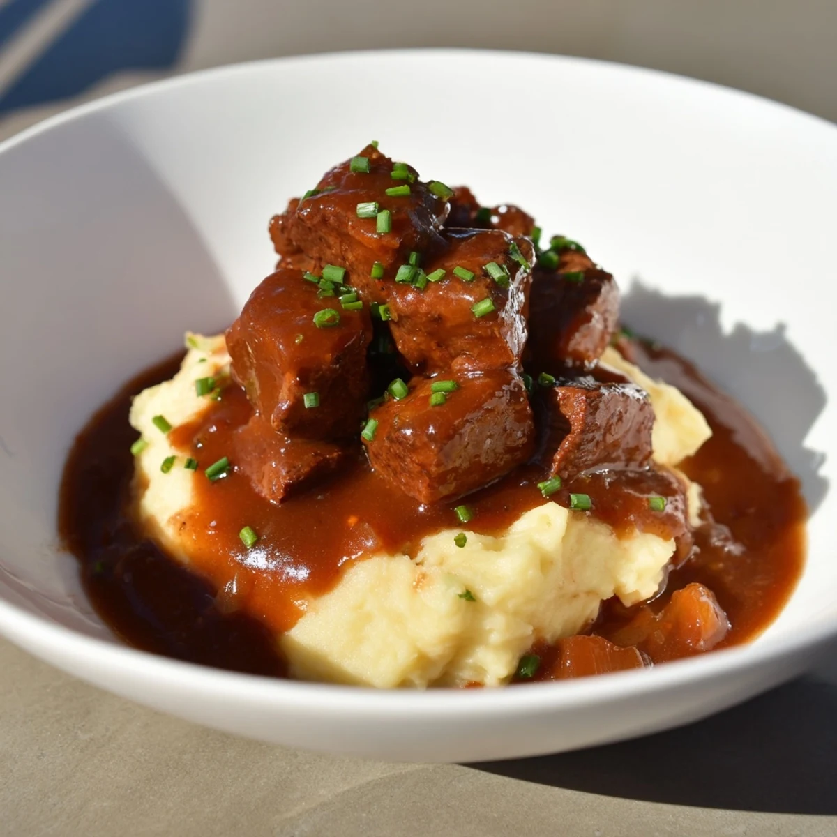 Warm, creamy cheddar mashed potatoes topped with rich apple cider stew, garnished with fresh chives.
