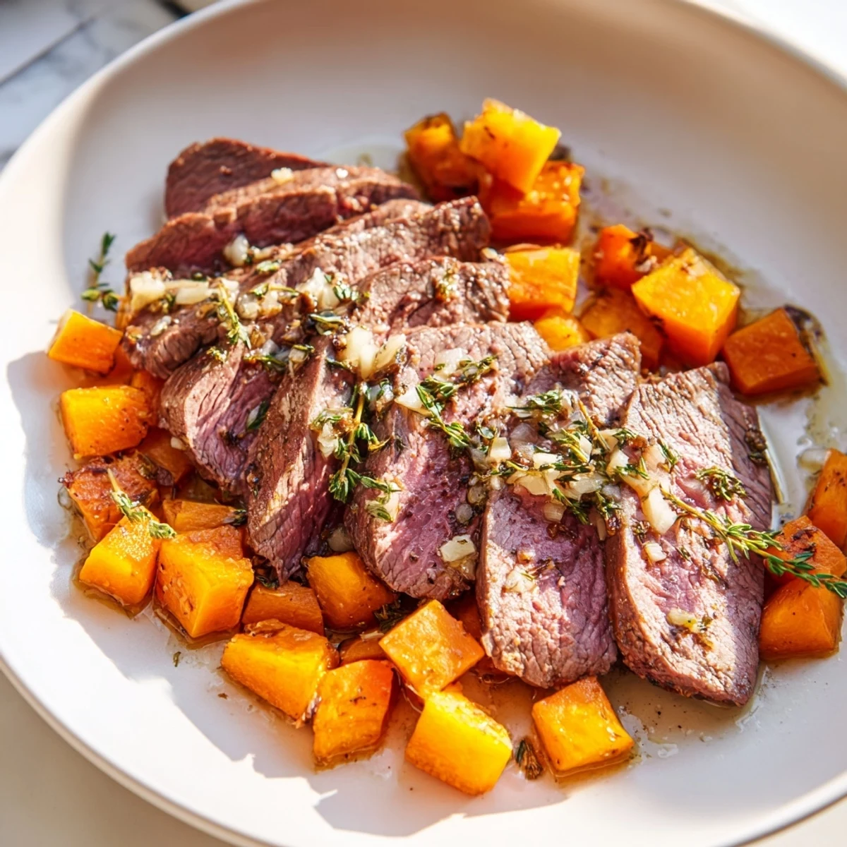 Golden roasted butternut squash and garlic-herb steak bowls, beautifully plated for a hearty, flavorful meal.