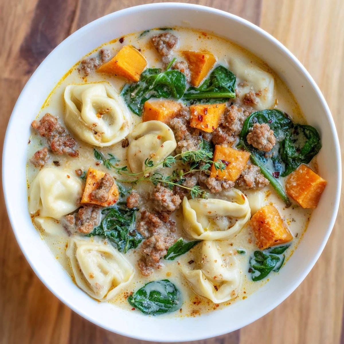 Creamy Sausage Tortellini Soup simmering, showcasing the tender sweet potatoes and flavorful sausage, a comforting meal.