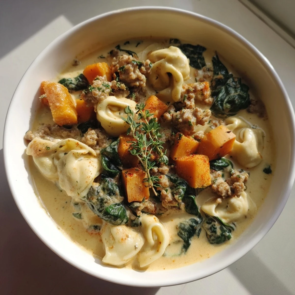 Observe the golden color of the Creamy Sausage Tortellini Soup, revealing its cheesy tortellini and hearty Italian flavors.
