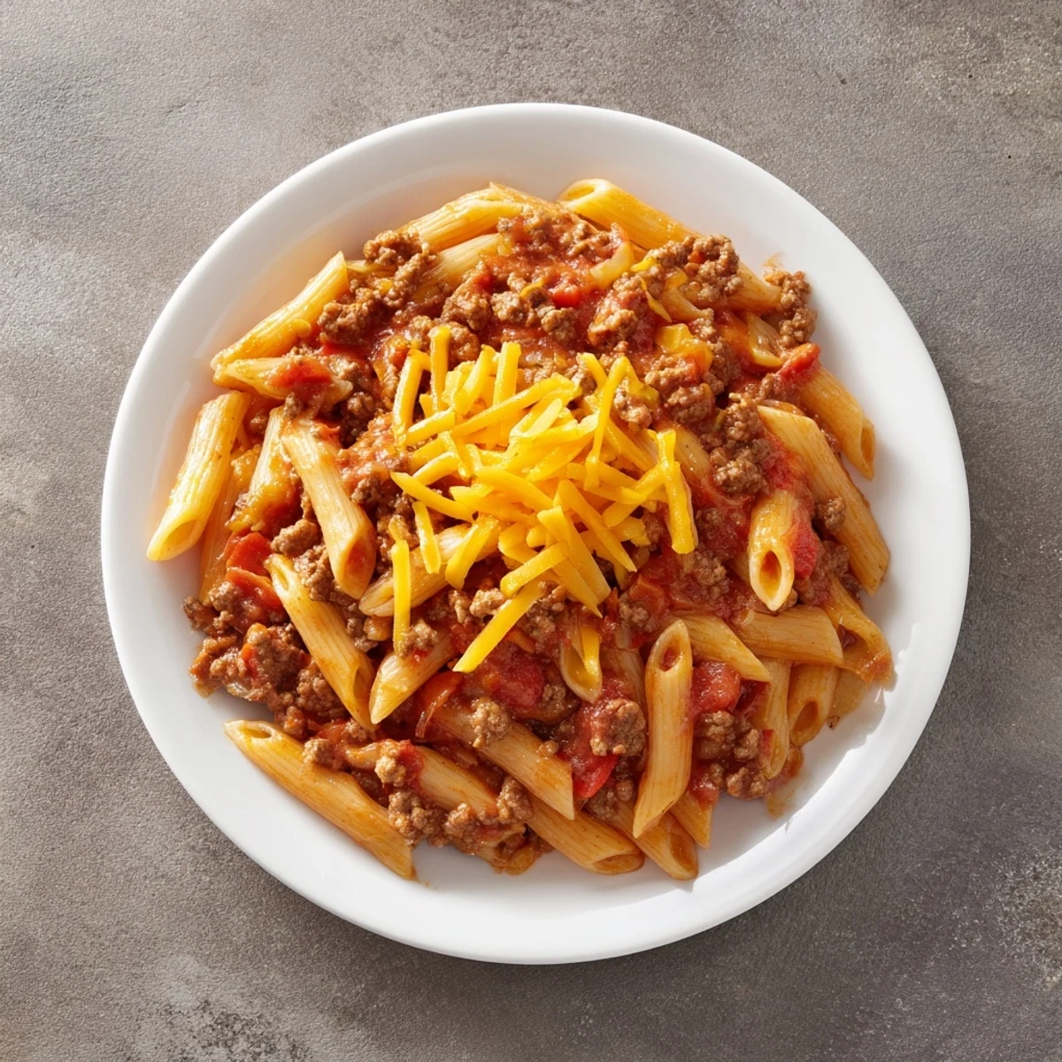 A close-up of Easy Beef Enchilada Pasta, brimming with melted cheese and zesty sauce.