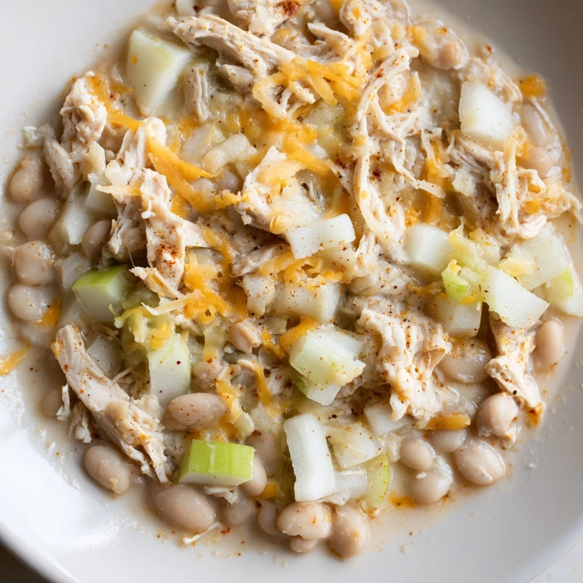 Creamy 35-Minute White Cheddar Apple Chicken Chili with a vibrant garnish of fresh green apple slices.