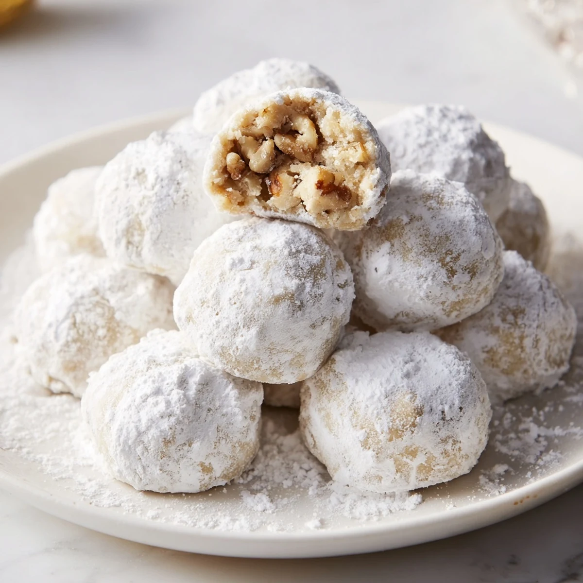 Close-up of golden-bottomed Budget-Friendly Snowball Cookies with pecans, perfect for gifting or a treat.