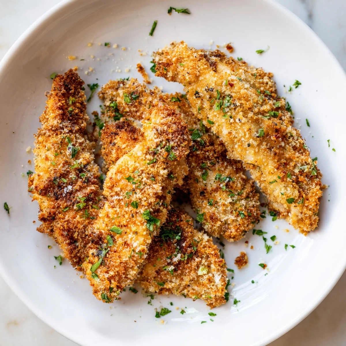 Golden, crispy Air Fryer Festive Chicken Tenders, ready to dip in cranberry sauce or enjoy at a gathering.