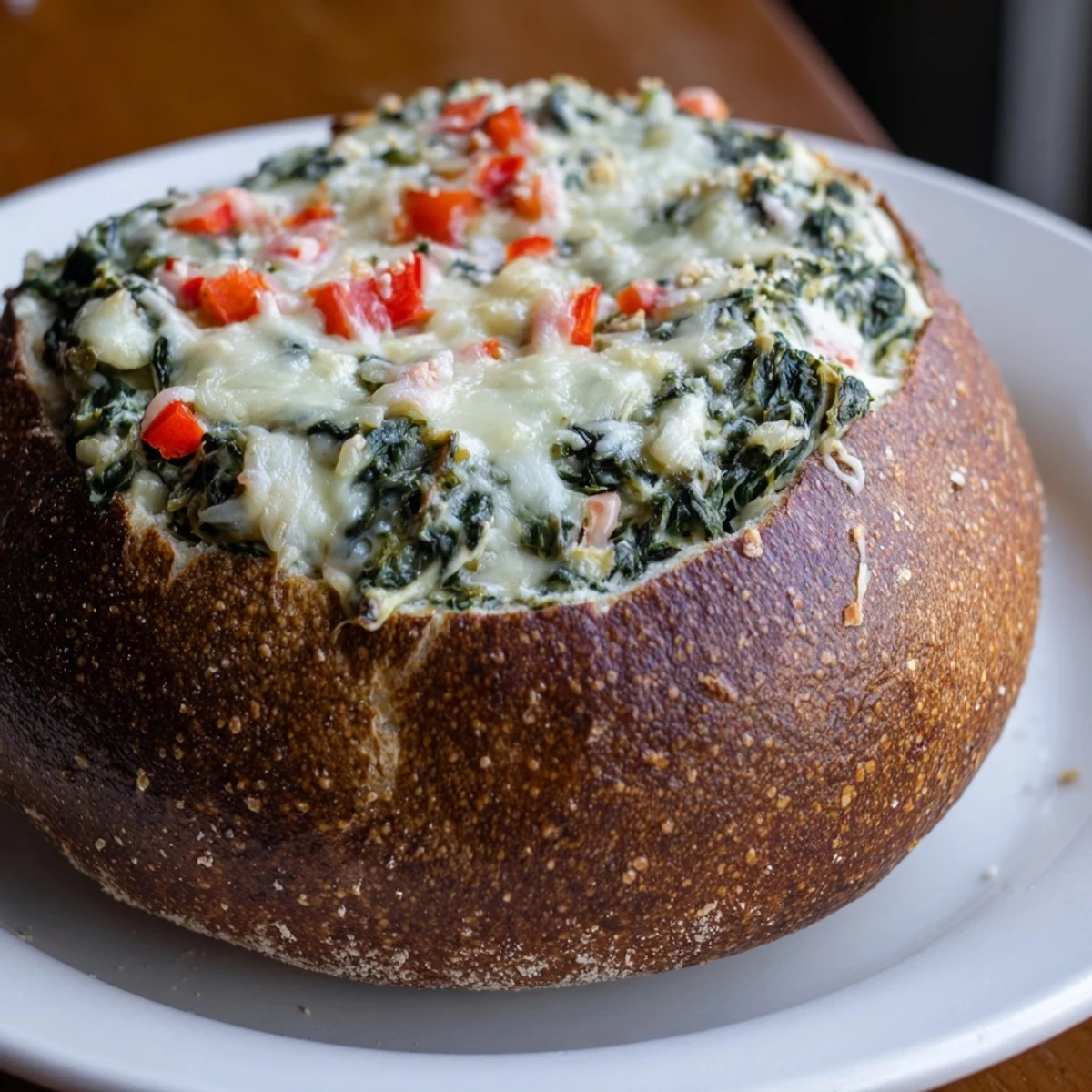 A visually appealing overhead shot of the baked Express Holiday Spinach Dip with colorful red pepper garnish.