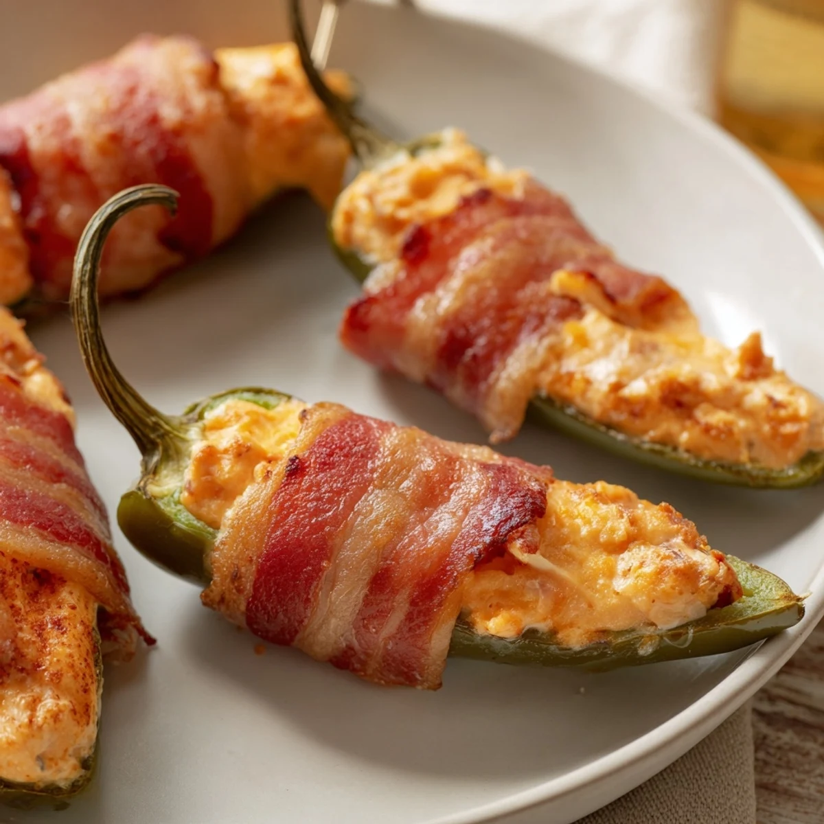 Golden, bubbly Express Holiday Jalapeño Poppers, stuffed with cheesy goodness and wrapped in crispy bacon.