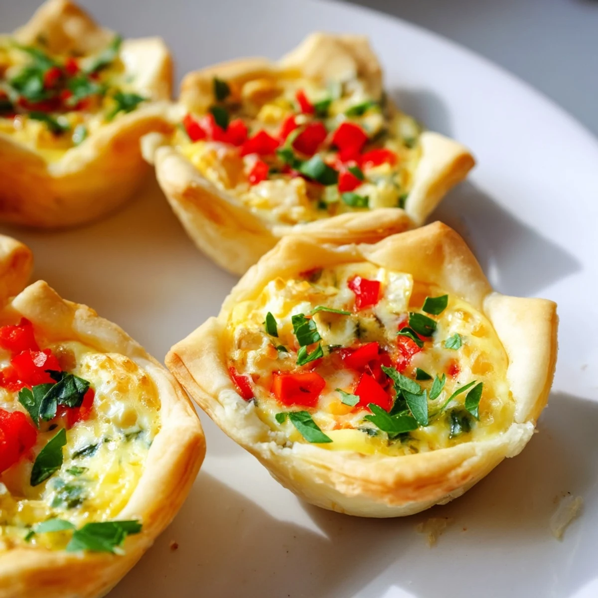Close-up of fluffy Easy Festive Mini Quiche Cups, perfect bite-sized appetizers, with savory, rich filling.