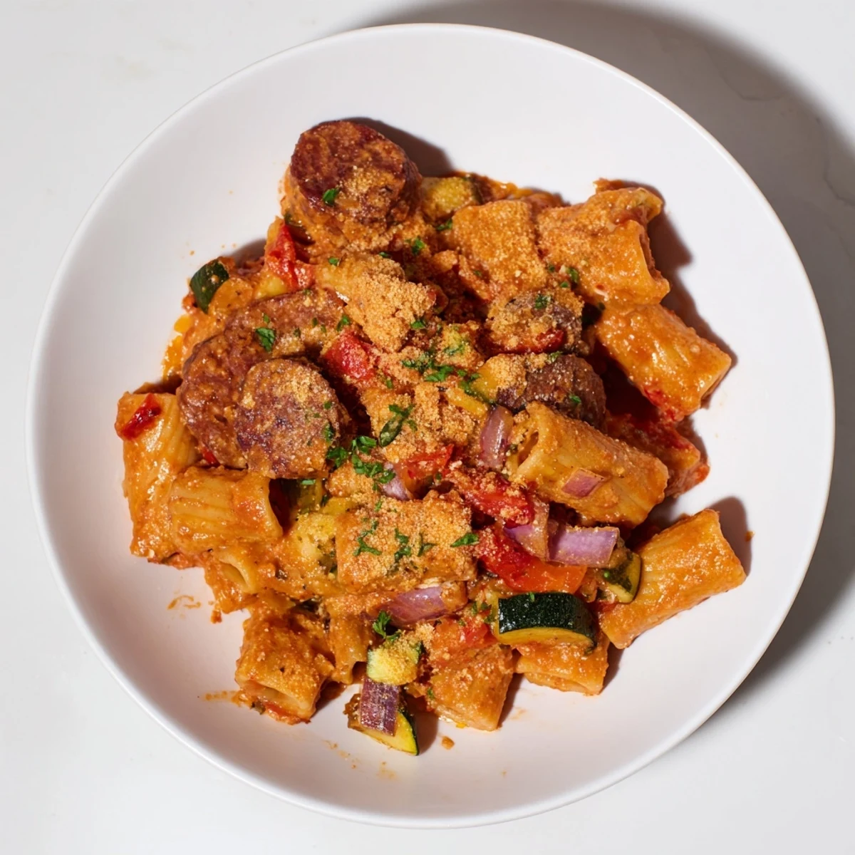 Golden-brown Spicy Vegan Chorizo Baked Pasta, bubbling and cheesy, ready to serve with fresh parsley.