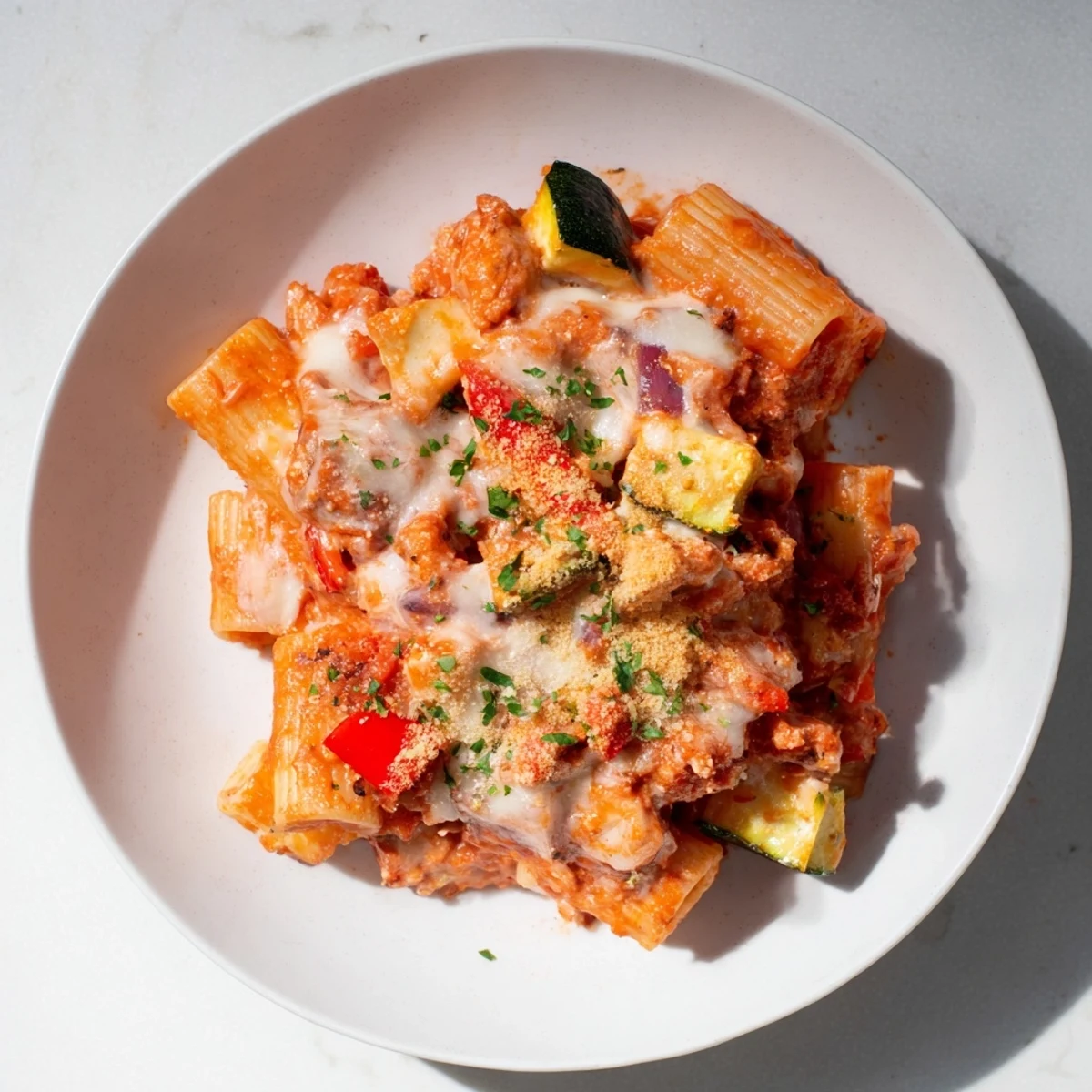 A close-up of a flavorful Spicy Vegan Chorizo Baked Pasta, showcasing roasted vegetables and a creamy sauce.