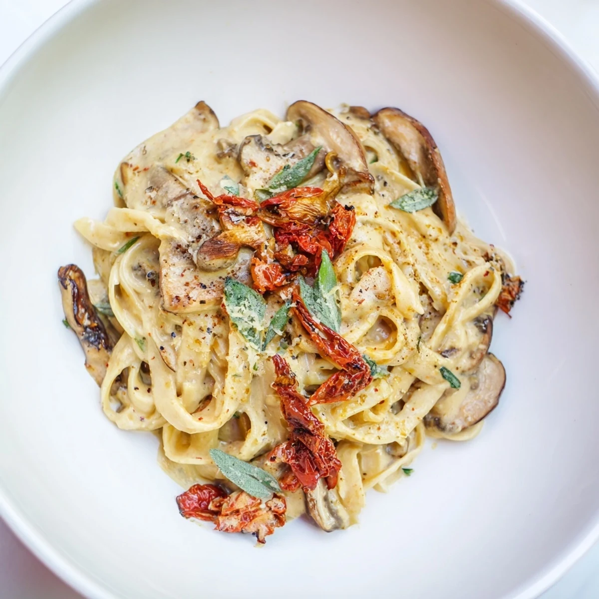 Steaming, creamy Vegan Marry Me Mushroom Pasta, ready to serve with fresh basil and vegan parmesan.
