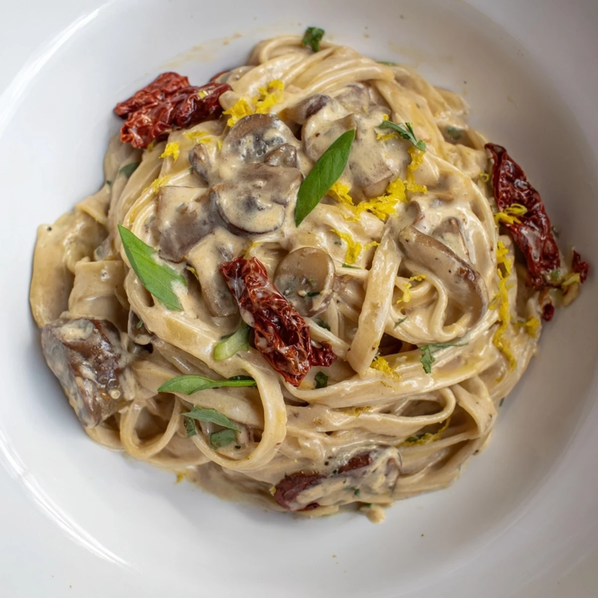 A beautifully plated portion of Vegan Marry Me Mushroom Pasta, featuring golden sautéed mushrooms in a rich sauce.