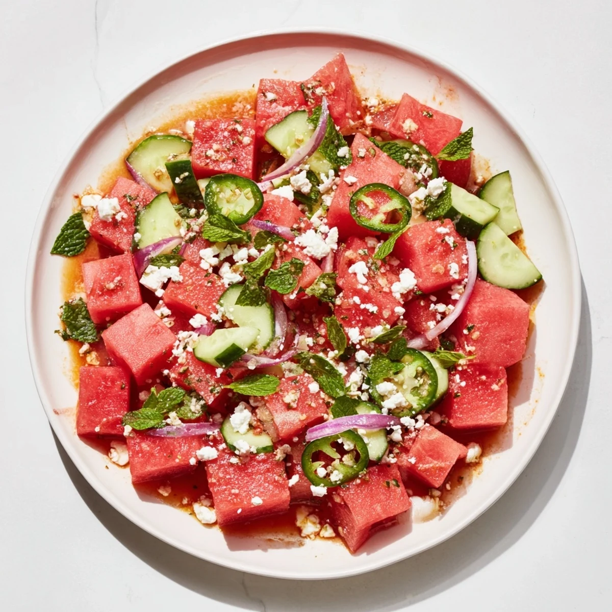 Vibrant Cucumber and Watermelon Hot Girl Salad with crumbled feta, ready to serve and enjoy.