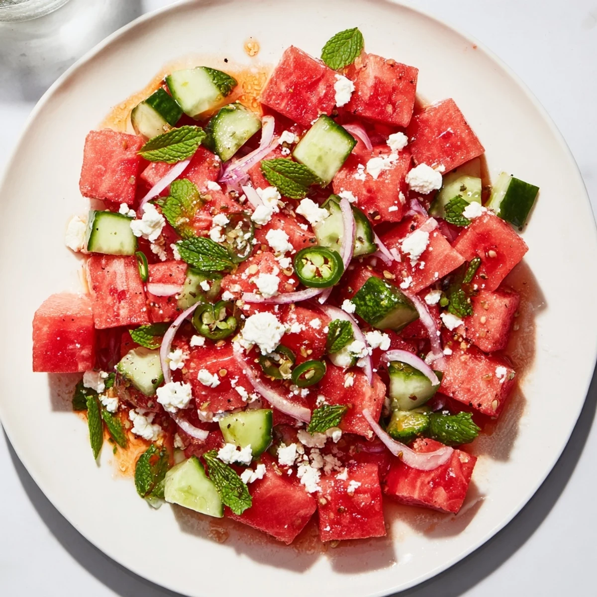 Cool, crispy Cucumber and Watermelon Hot Girl Salad with a zesty dressing; a perfect summer dish.