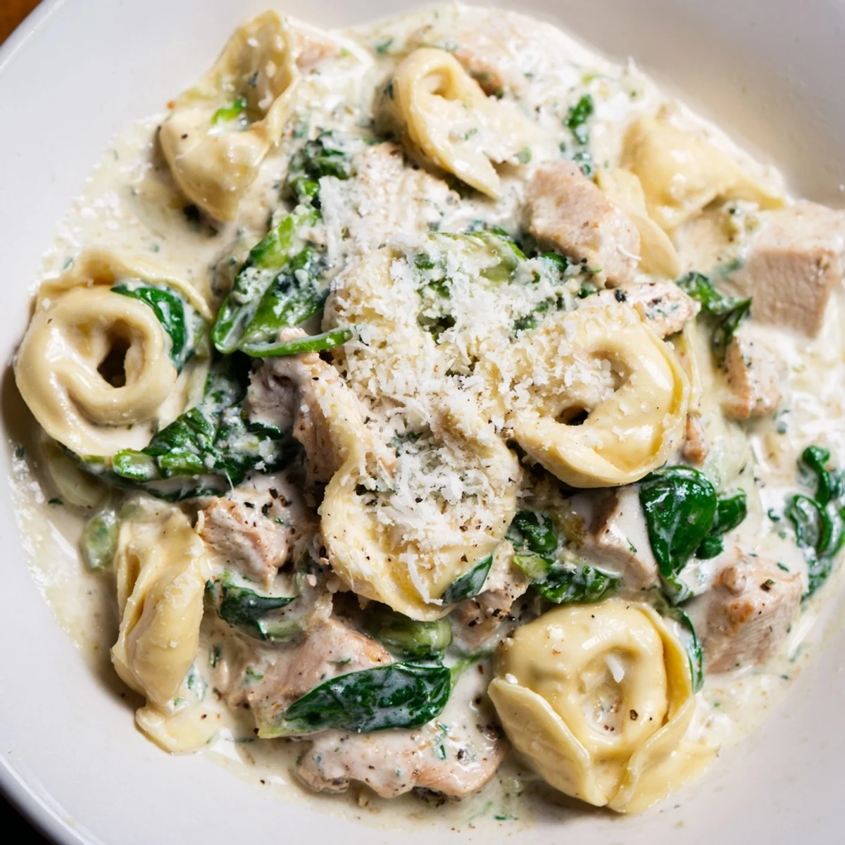 Warm, creamy Chicken and Spinach Tortellini, served with a sprinkle of Parmesan; a comforting classic.