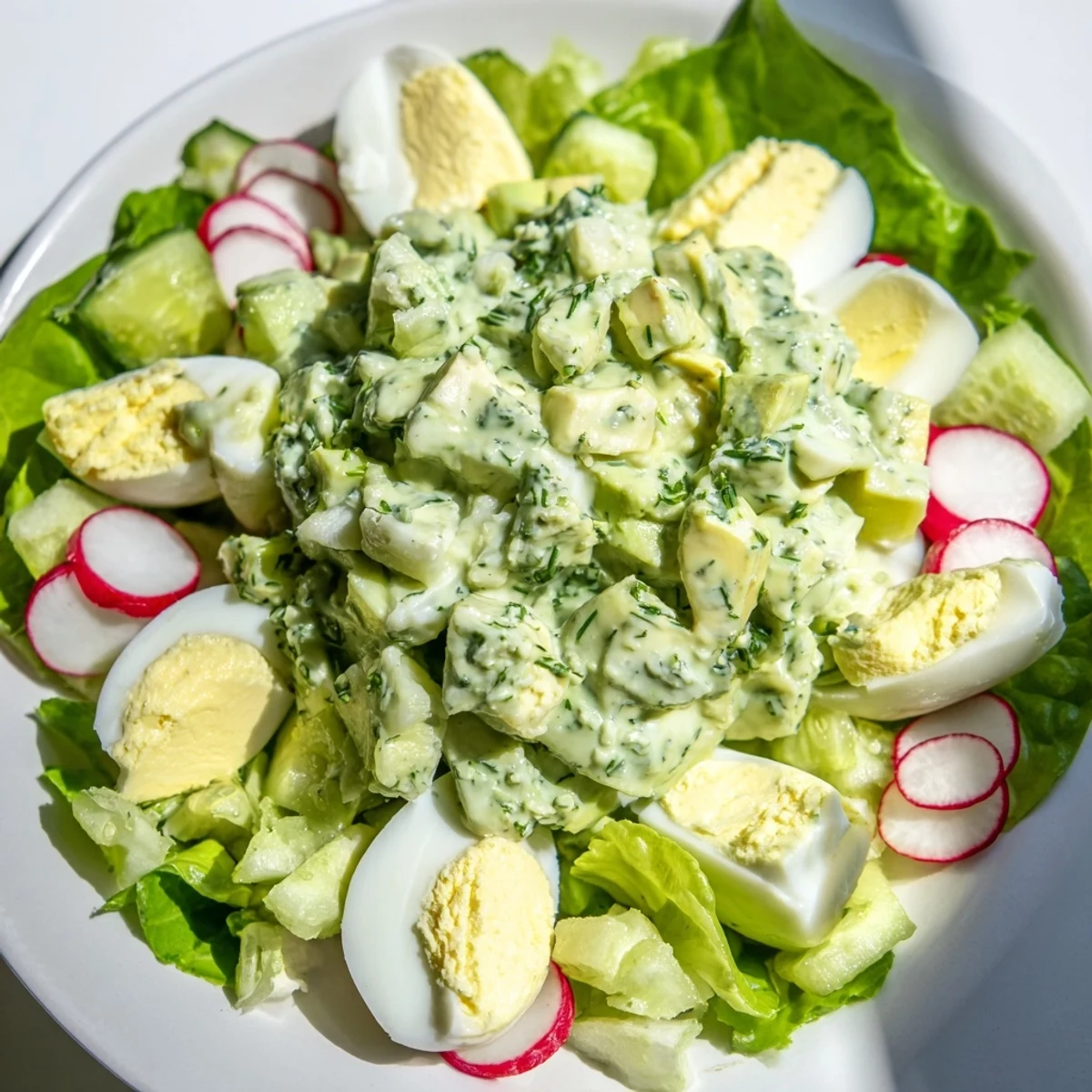 Freshly made Green Goddess Chopped Egg Salad, a vegetarian delight with colorful, crunchy vegetables.