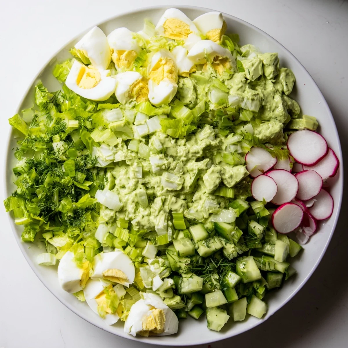 A close-up of Green Goddess Chopped Egg Salad, showcasing creamy texture and vibrant green herbs.