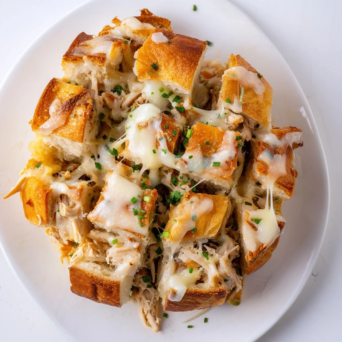 Golden, bubbly Cheesy Leftover Chicken Bake pull-apart bread, ready to be shared with family, smells delicious.