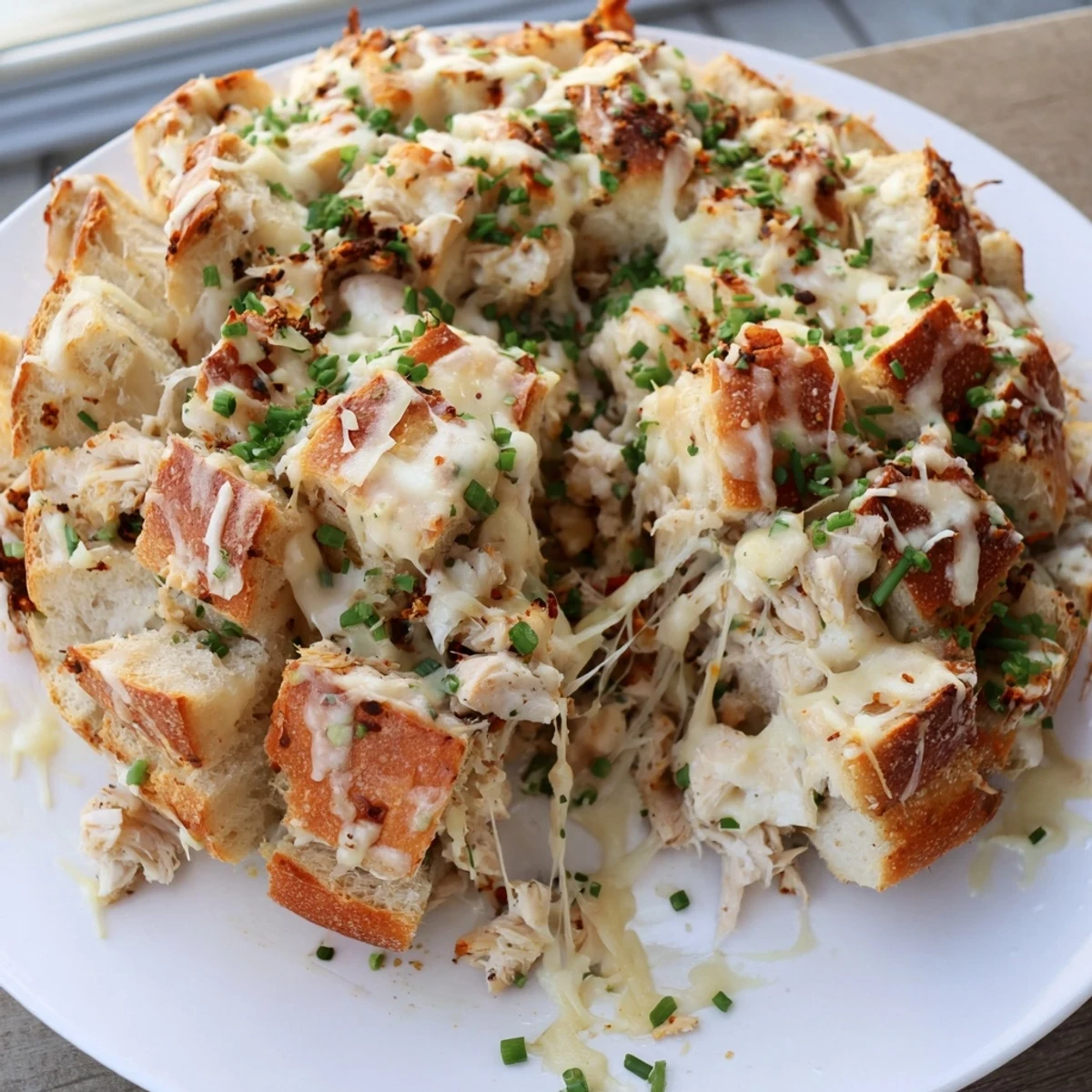 Imagine a warm, savory Cheesy Leftover Chicken Bake pull-apart bread, perfectly stuffed and ready to serve.