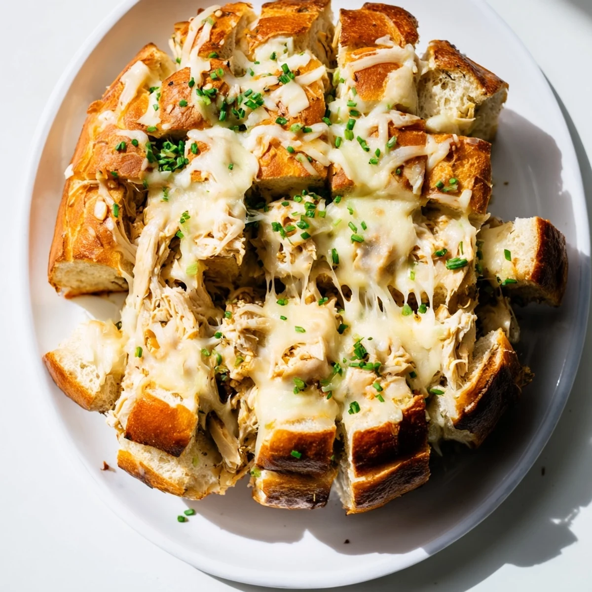 Melted cheese oozes from a Cheesy Leftover Chicken Bake pull-apart bread, a savory, crowd-pleasing dish.