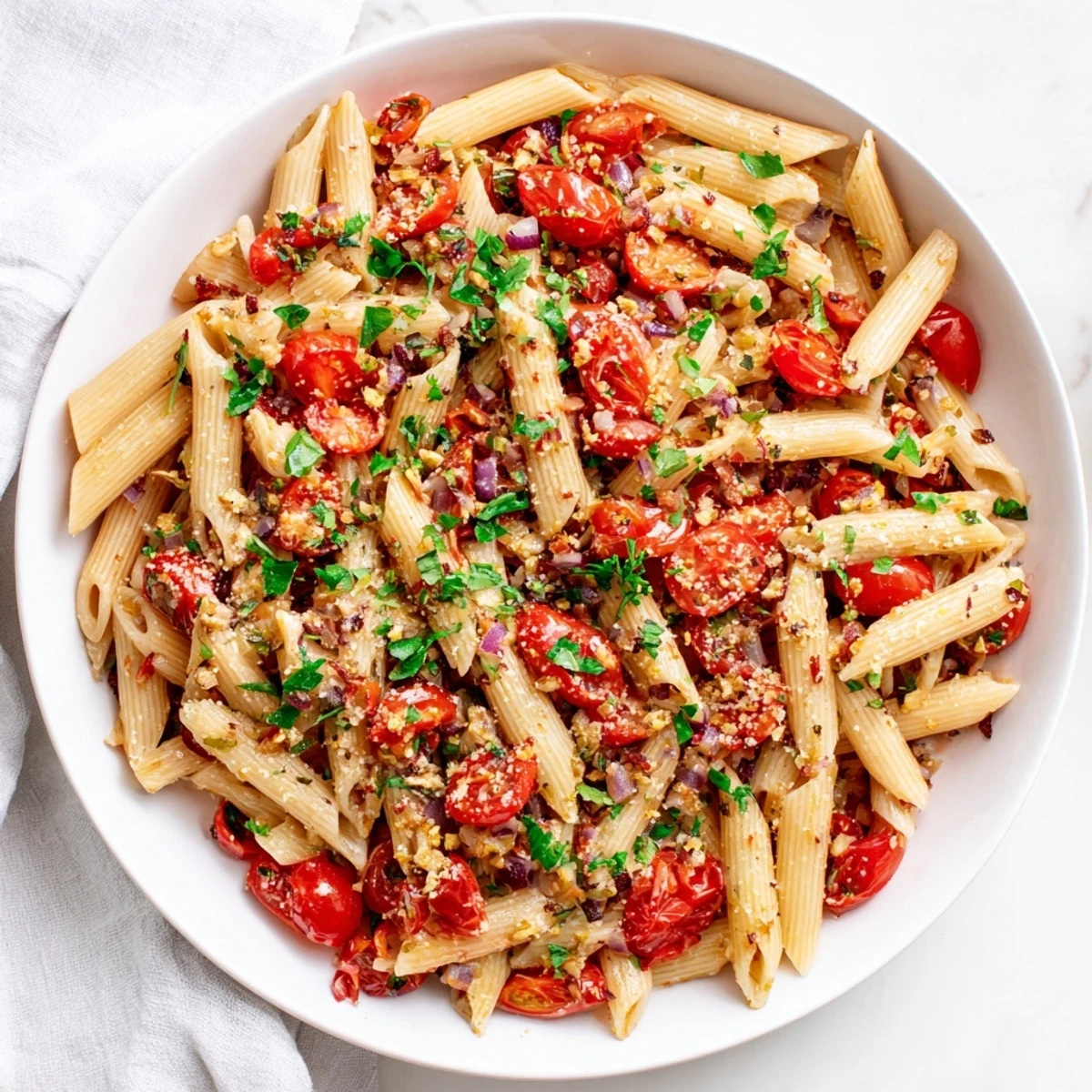 Golden baked tomato & olive oil pasta, glistening with herbs and ready to serve, is an easy vegetarian dinner.