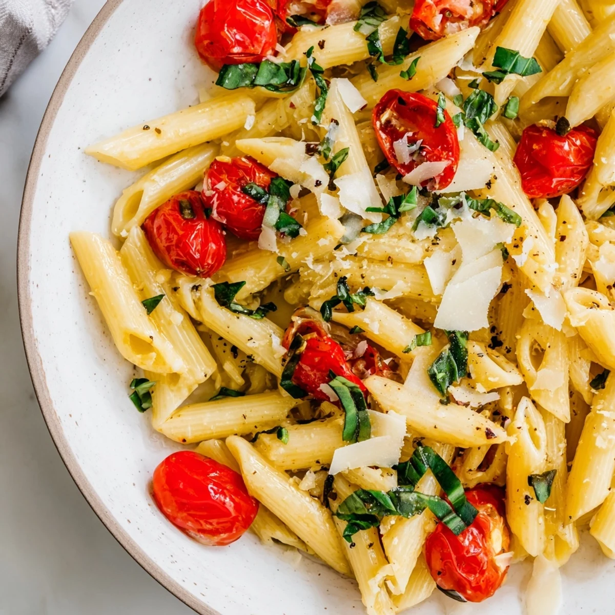 A close-up of fully cooked baked tomato & olive oil pasta, with a vibrant sauce and fresh basil.