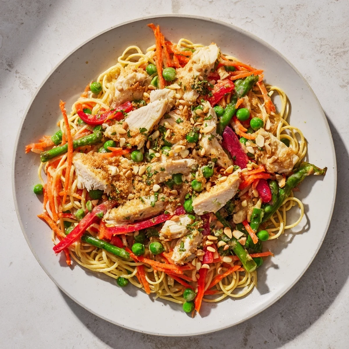 Steaming, flavorful Lemon-Garlic Chicken Stir Fry with Noodles, with a vibrant sauce glistening over the chicken.