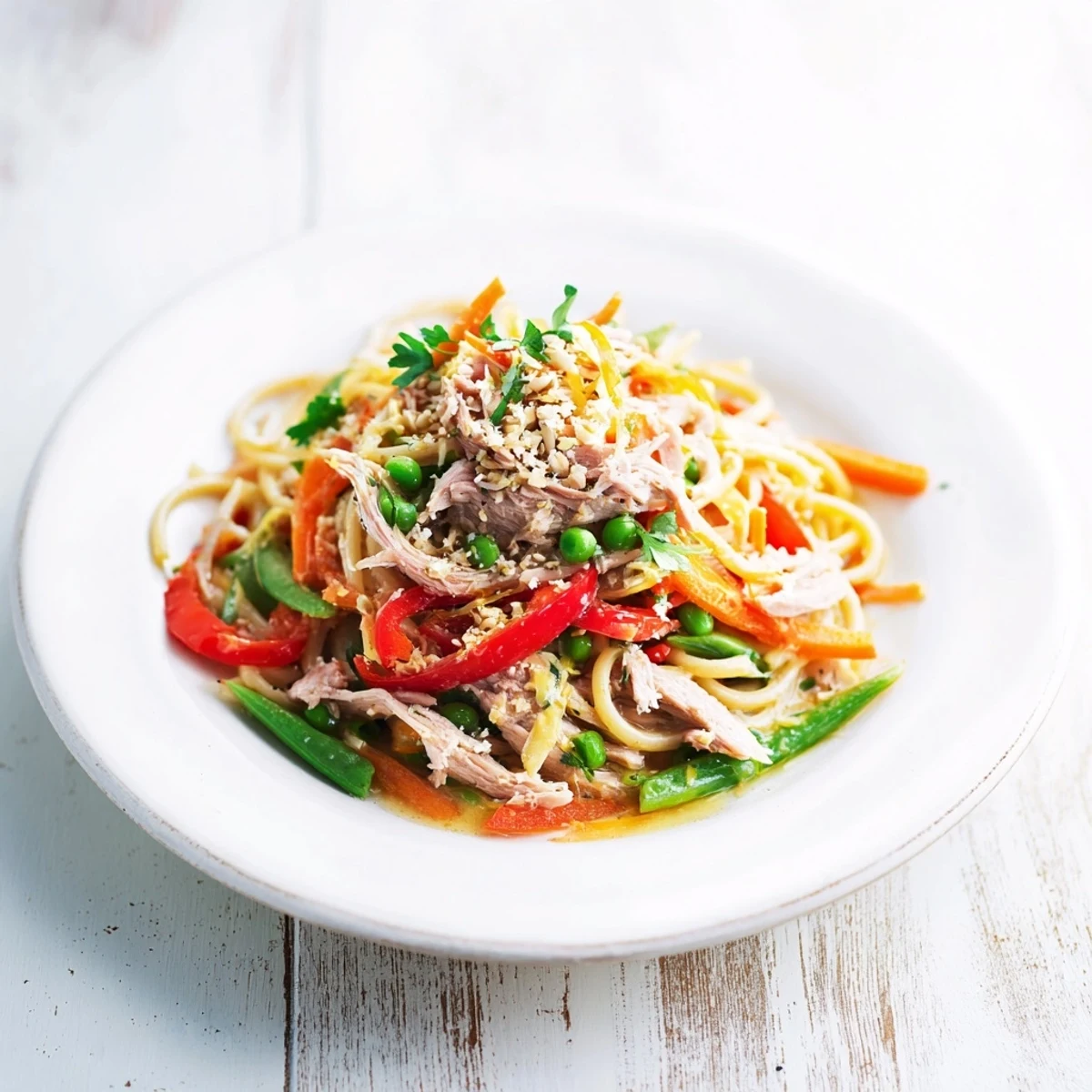 This close-up shot of Lemon-Garlic Chicken Stir Fry with Noodles showcases the colorful, glistening vegetables and tender chicken.