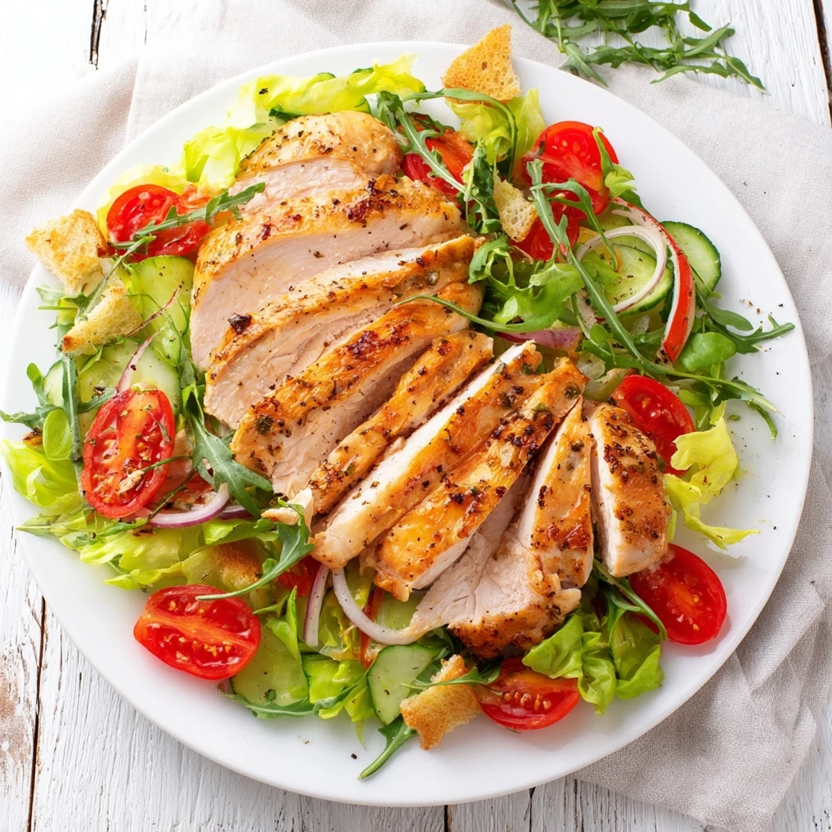 Freshly plated quick crunchy lemon Parmesan chicken salad showcasing a colorful array of ingredients.