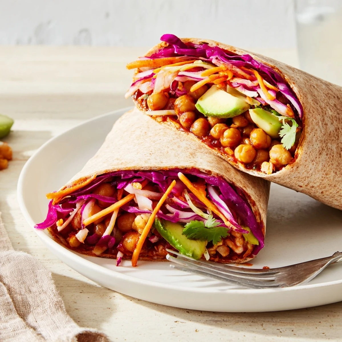 Vibrant BBQ Chickpea & Slaw Wrap with a colorful slaw and creamy avocado slices.