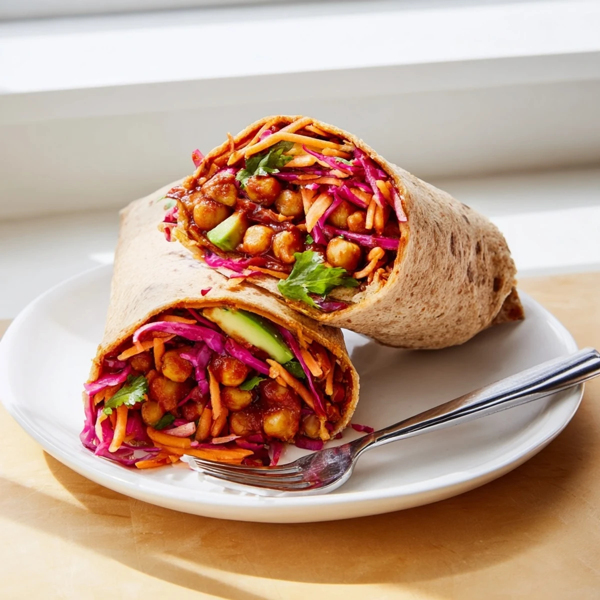 Close-up of a fully-loaded BBQ Chickpea & Slaw Wrap, showcasing layers of texture and flavor.