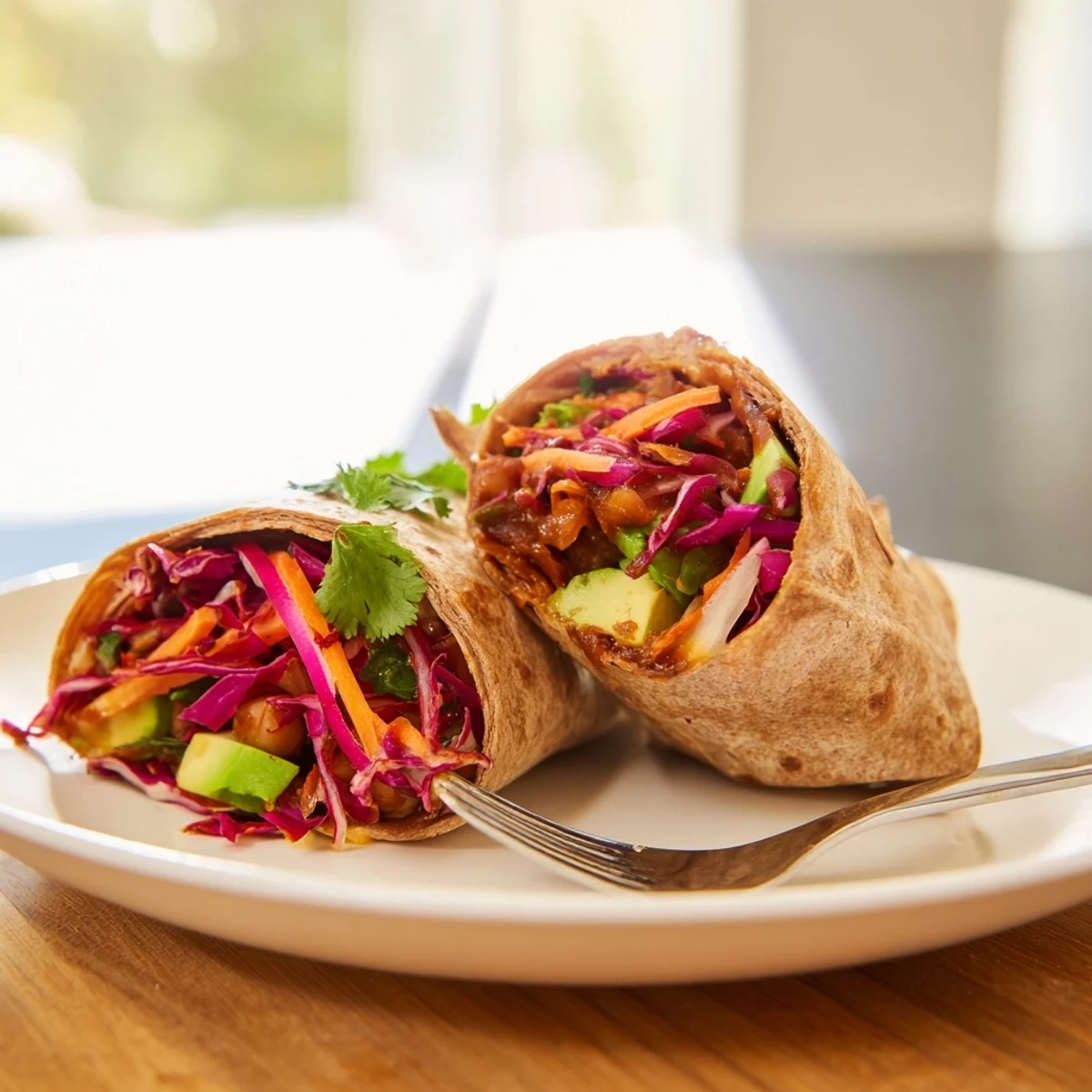 Freshly assembled BBQ Chickpea & Slaw Wrap cut in half, ready to enjoy as a flavorful, vegan meal.
