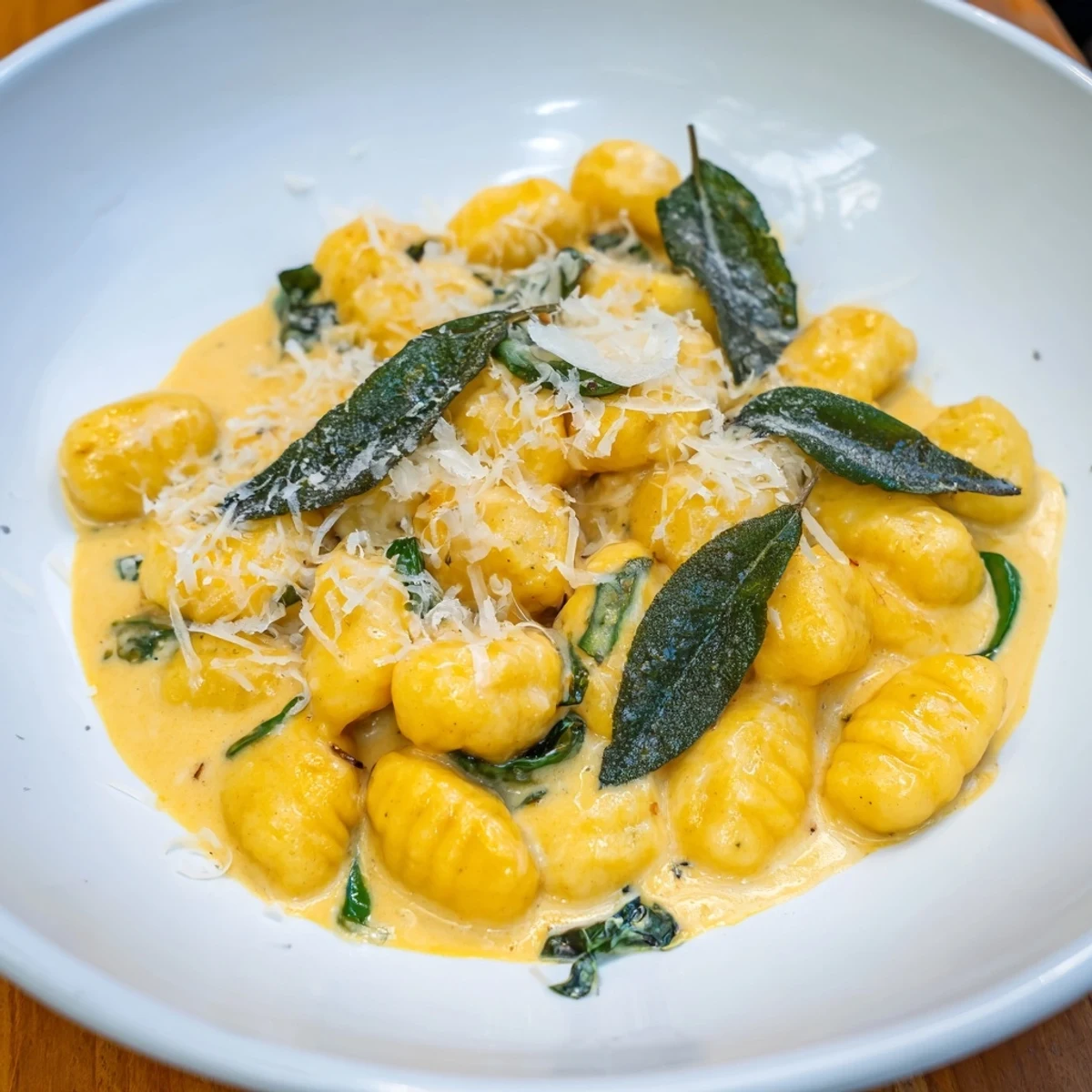 Golden-hued One-Pot Creamy Pumpkin Sage Gnocchi Pasta, a comforting autumn dish ready to serve.