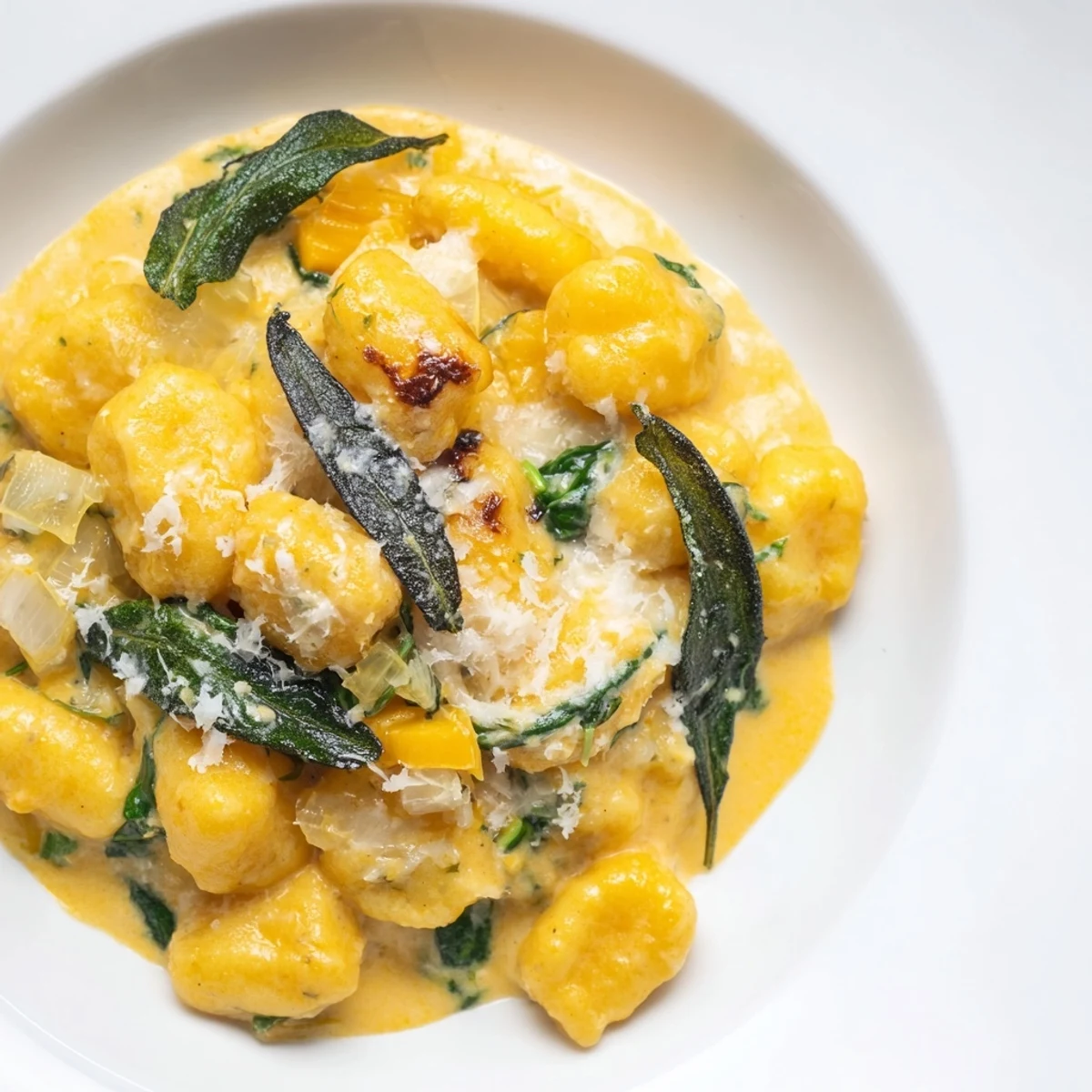 Enjoy a bowl of warm One-Pot Creamy Pumpkin Sage Gnocchi Pasta, perfectly cooked and coated in sauce.