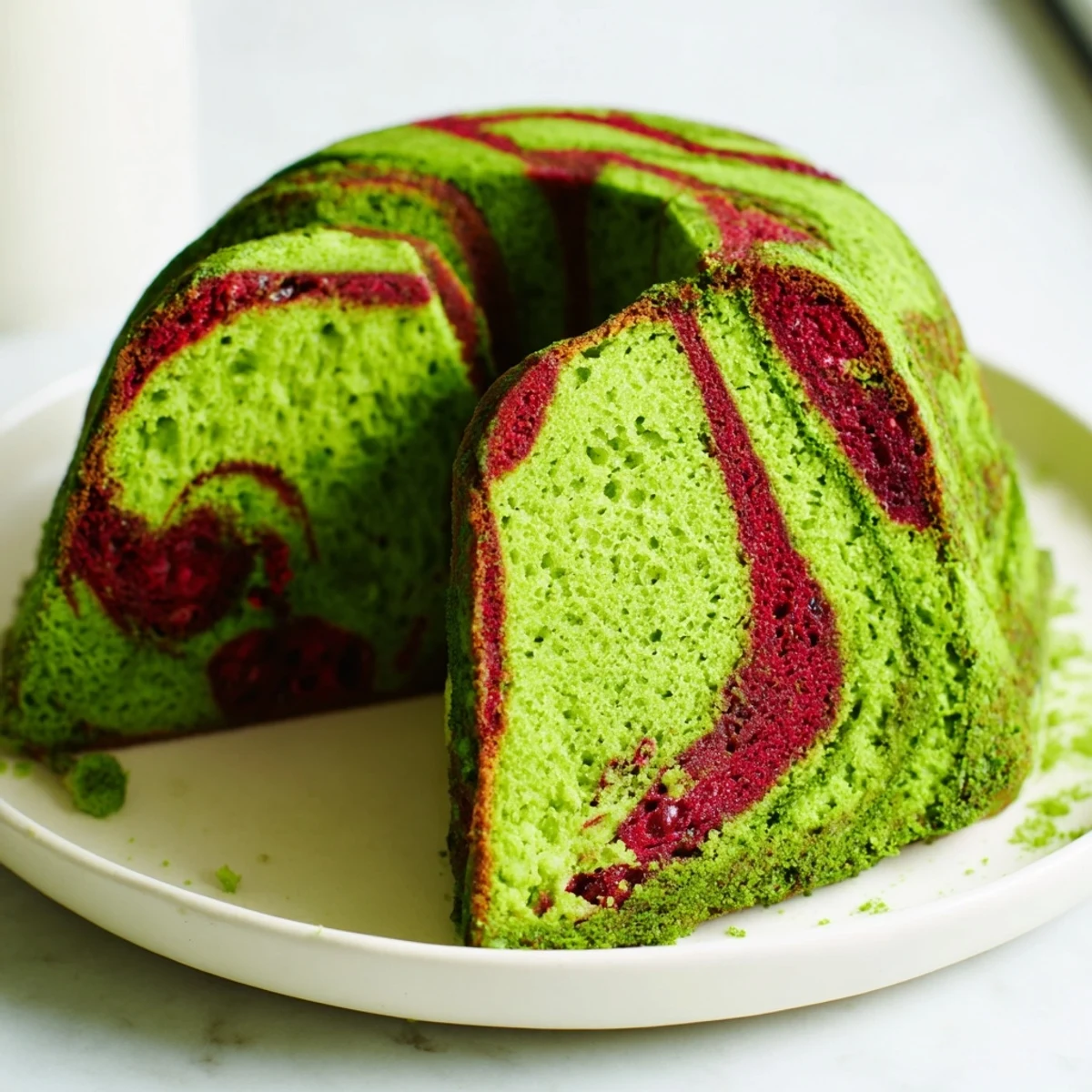 A slice of Red & Green Swirl Matcha Marble Pound Cake reveals beautiful swirls and moist crumb.