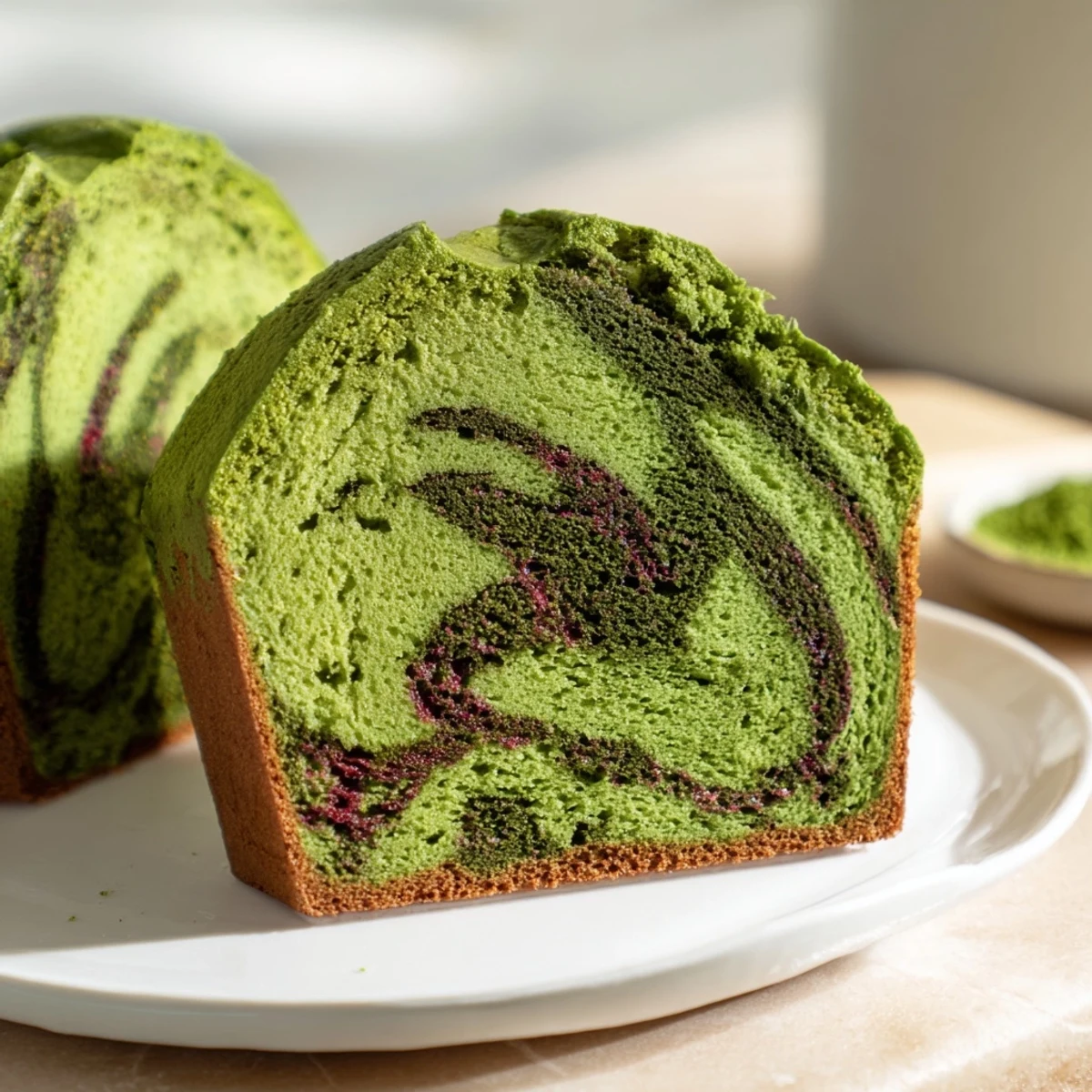 Close-up of fluffy Red & Green Swirl Matcha Marble Pound Cake showing matcha and berry colors.