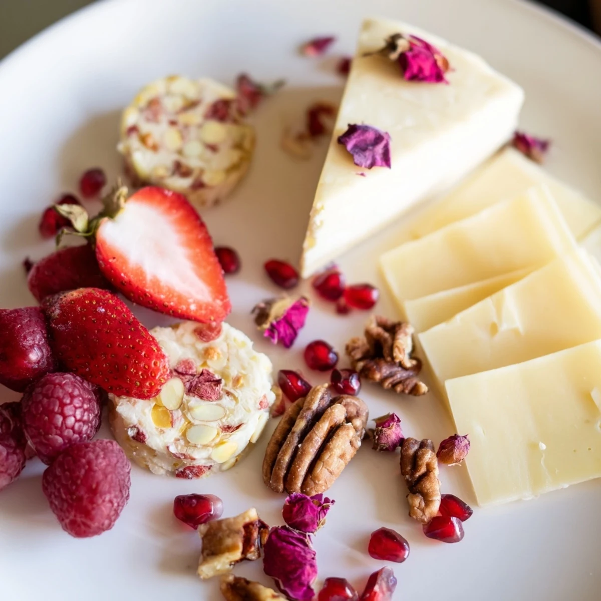 Rose Garden Romantic Platter with vibrant fruits, cheeses, and edible flowers arranged artfully for sharing.