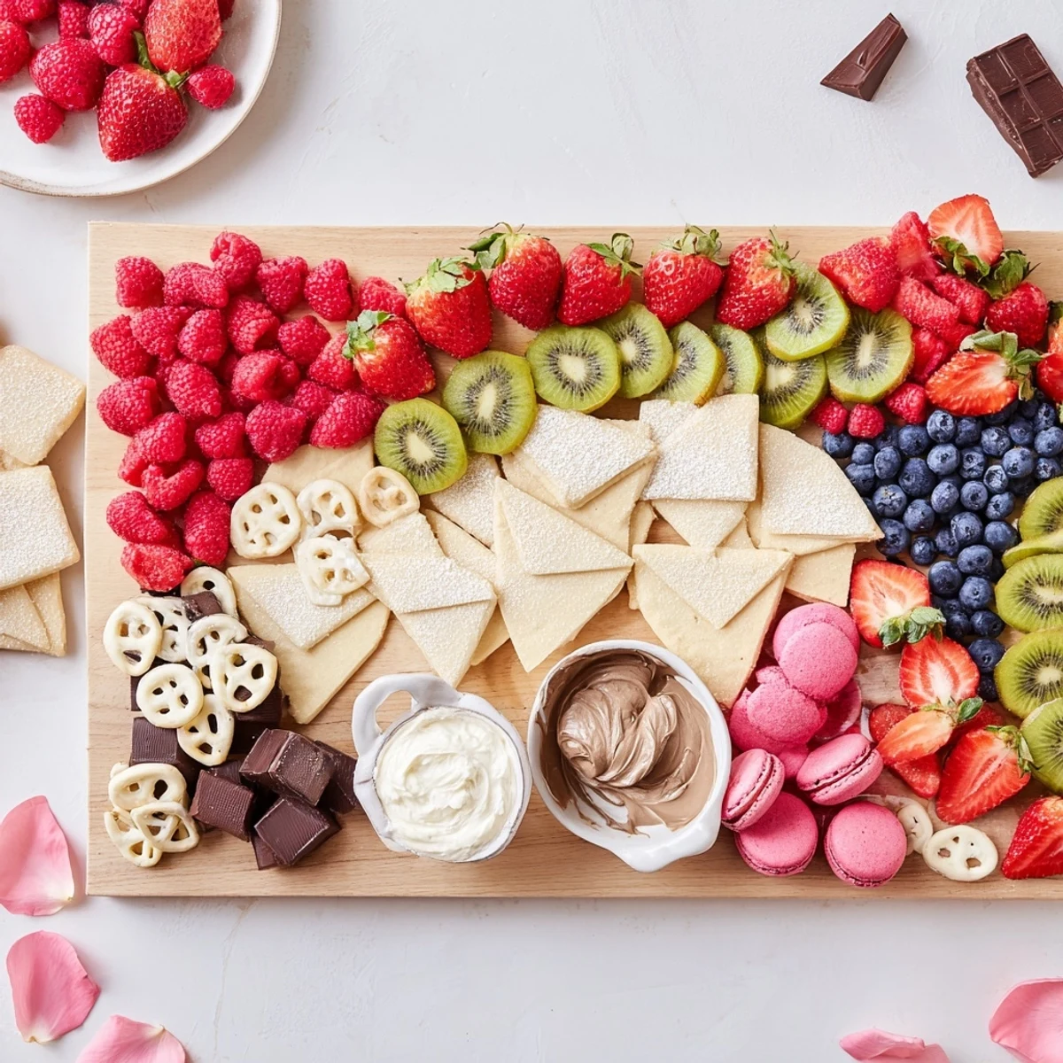A gorgeous Love Letter Dessert Board with fresh berries, chocolates, and heart cookies displayed elegantly.