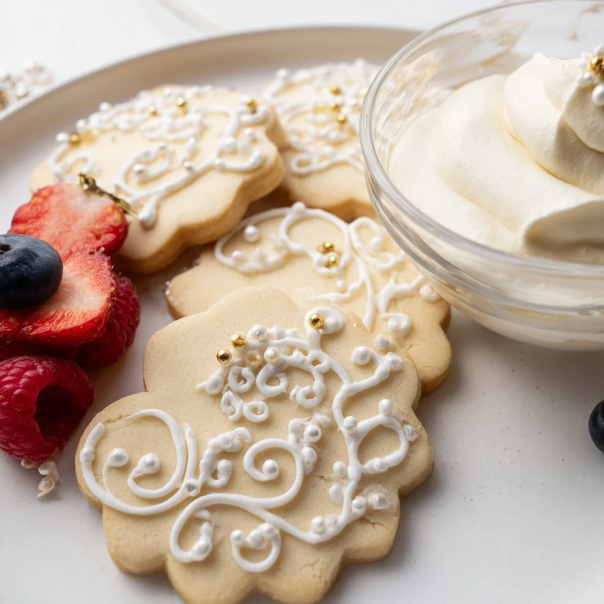Golden sugar crown cookies and berry jewels adorn this Princess Crown Dessert Tray, fit for royalty.