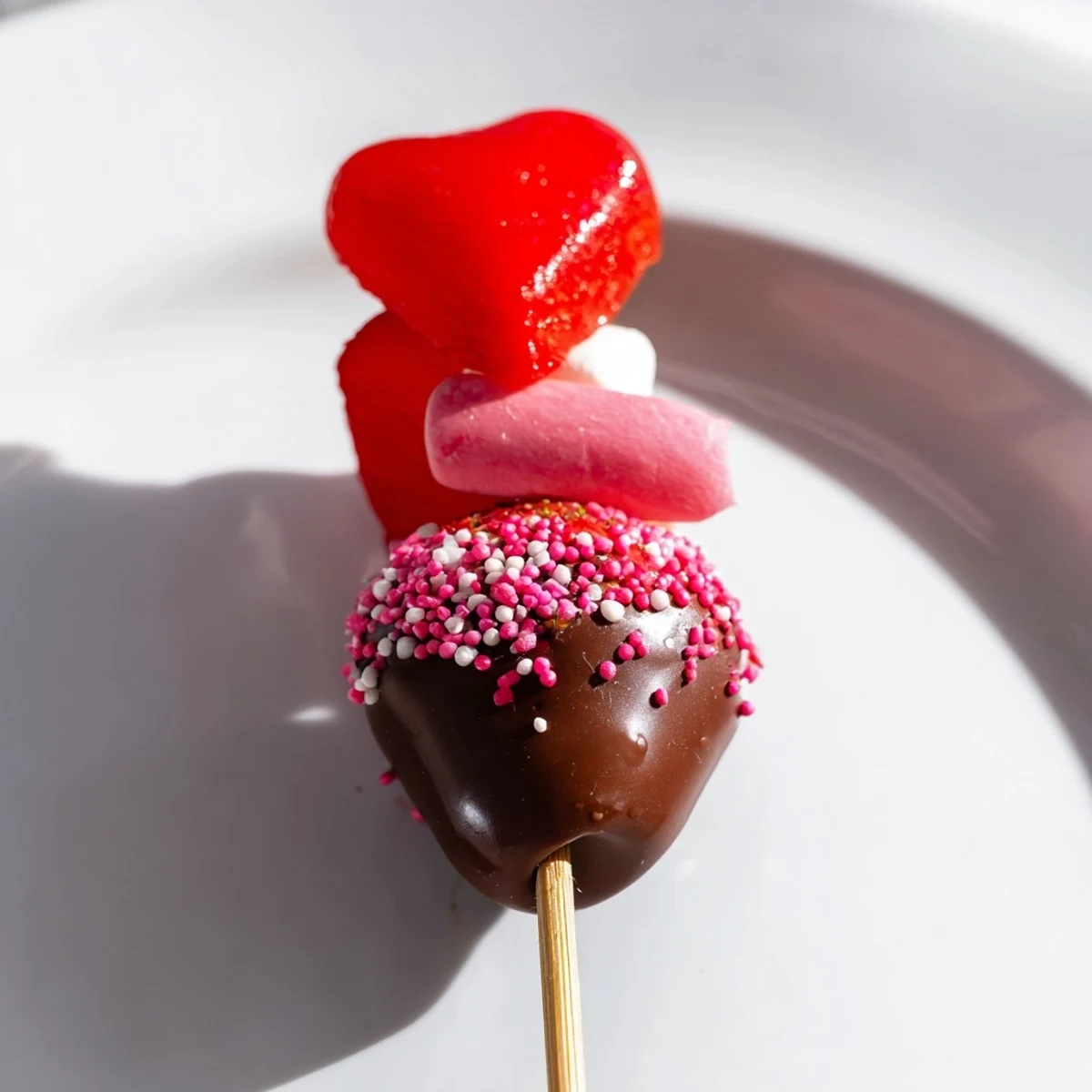 Cupid's Arrow Candy Tray on display, featuring chocolate-covered strawberries and heart-shaped candies.