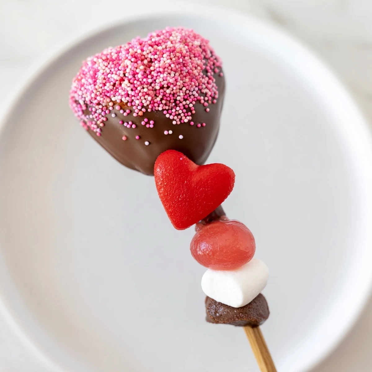 A beautiful Cupid's Arrow Candy Tray showcasing vibrant heart candies and festive chocolate-dipped delights.