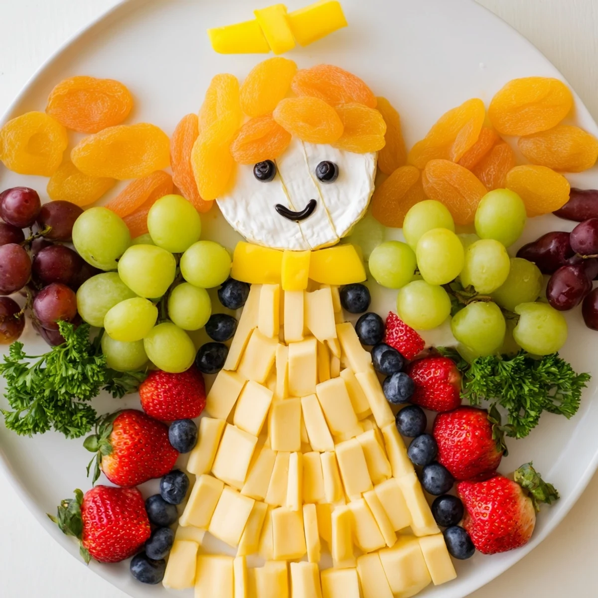 Visually stunning Cherub Angel Snack Tray with a brie face, grapes for wings, and cheddar cheese body; ready to serve.