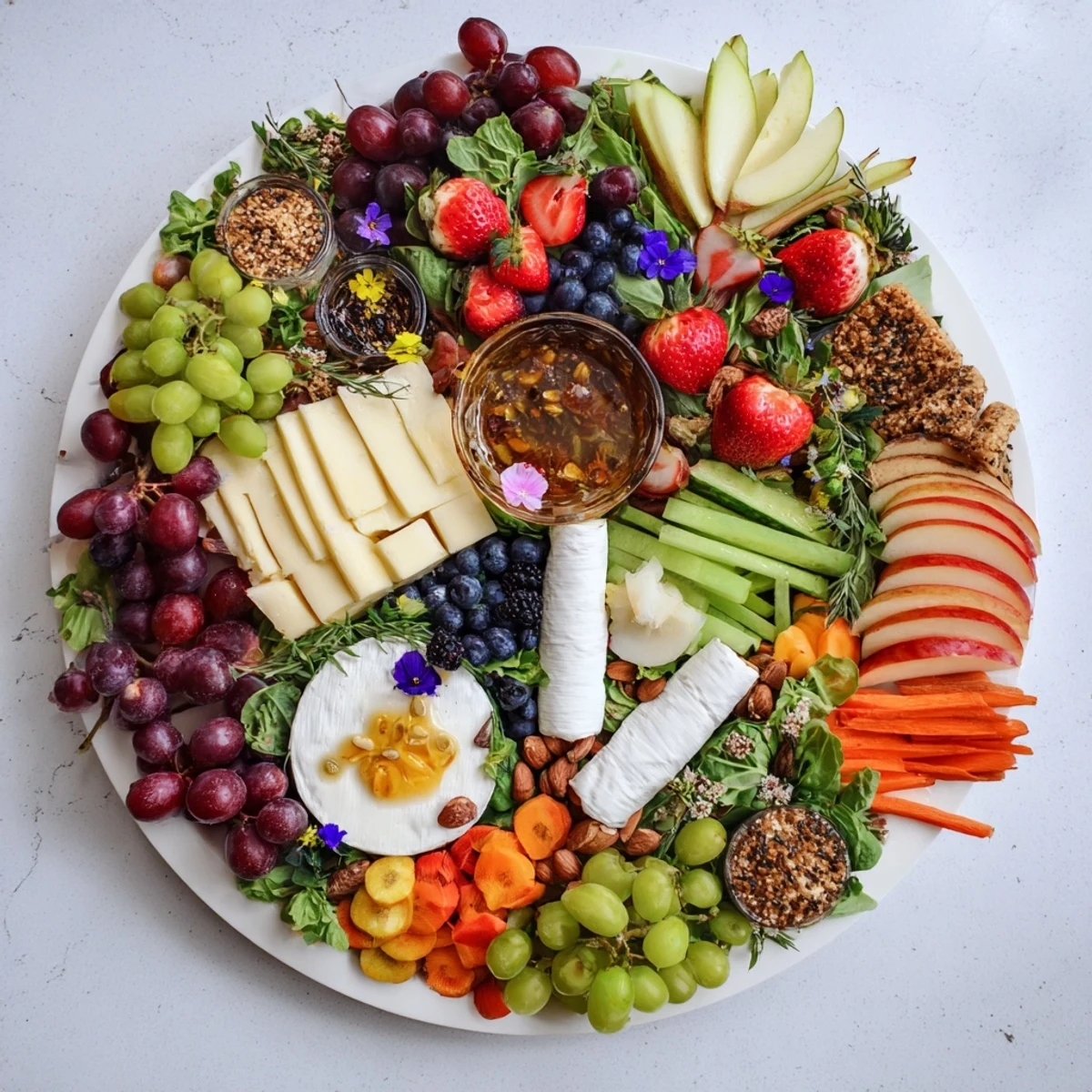 Enchanting Enchanted Forest Grazing Board overflowing with colorful fruits, artisan cheeses, inviting guests for a delicious gathering.